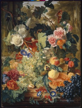 Clásico Bodegón de flores y frutas sobre una losa de mármol_1 Jan van Huysum Pinturas al óleo
